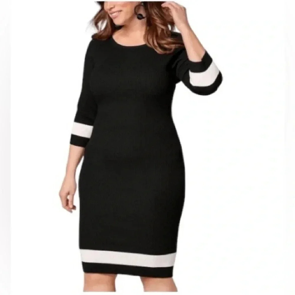 VENUS | Women Black and White Body-con Knit Crewneck Sweater Midi Dress Size 3X